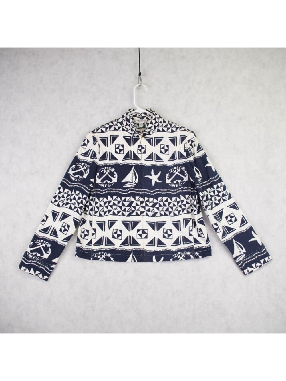 St. John Sport Womens Nautical Print Jacket Size Small Navy & White Zip-Up